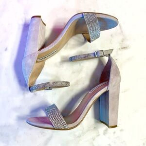 Steve Madden Kalina Rhinestone Ankle Strap Heels, Grey Suede, Size 8, 4” Heel